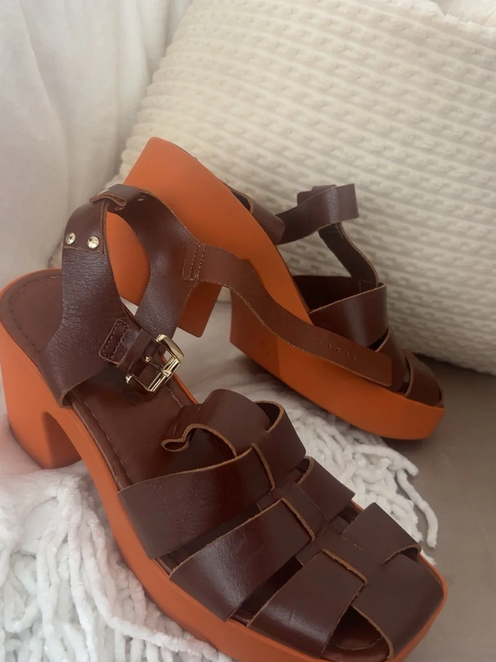 Free People Brown Leather Strappy Platform Sandals with Orange Sole